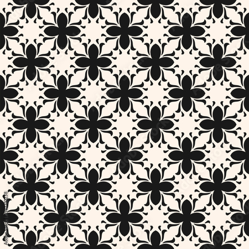 Abstract vector geometric floral ornament. Simple elegant seamless pattern with flower mosaic elements, leaves, foliage, grid. Black and white repeating background texture with gothic mediaeval motifs