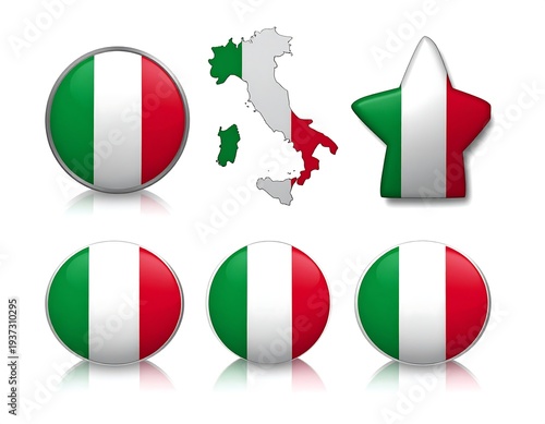 Free Download Italian flag-colored icons circle, country outline, star, isolated on white background with shiny reflection below - GFXLoad