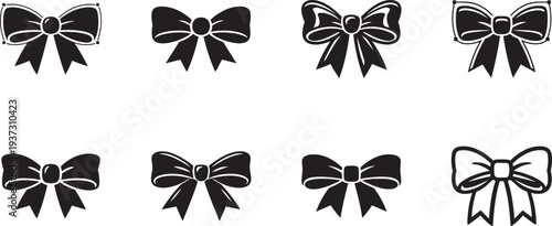 Bow black flat icon set with ribbon knot symbols for gift decoration, celebration design elements.