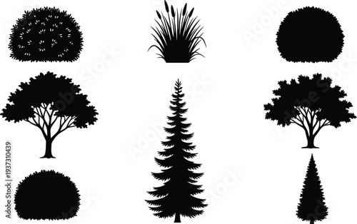 Black tree and bush silhouette set featuring pine trees, shrubs, and marsh grass, cad drawing flat vector illustration for nature.