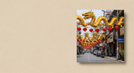 Lunar New Year dragon decorations above Vietnamese street  