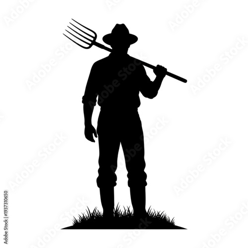 Silhouette of a man with pitchfork isolated on transparent background.