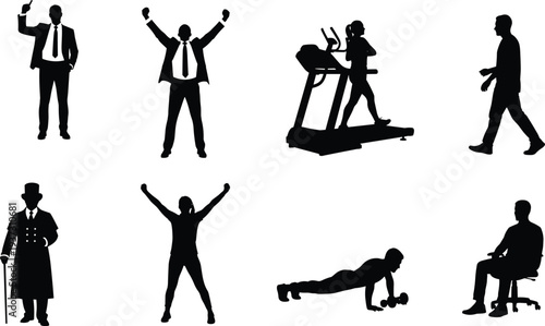 Black silhouettes set of businessmen, fitness people, walking, sitting, and standing figures isolated on white background, vector illustration