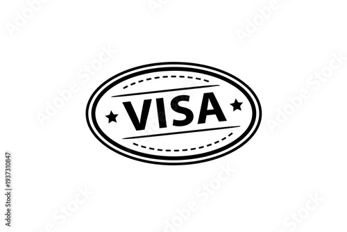 Black and white oval 'VISA' stamp icon. Bold 'VISA' text, stars, double-line, dashed border. Symbolizes travel authorization, immigration approval, entry permits, validated passage, global mobility, c