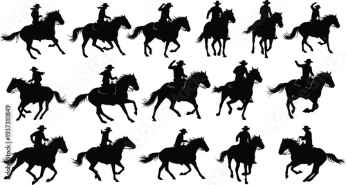 Cowboy riding horse silhouette set with various galloping and trotting poses collection cad drawing flat vector illustration for western design.
