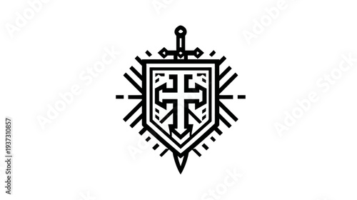 A black and white emblem featuring a shield with a cross, a sword, and stylized rays