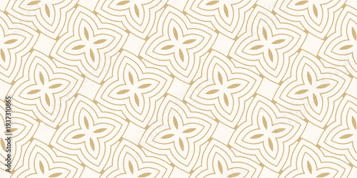 Golden vector seamless pattern. Elegant geometric floral ornament in oriental style. Luxury gold background with outline flowers, leaves, petals, curved lines. Abstract geo texture. Repeating design