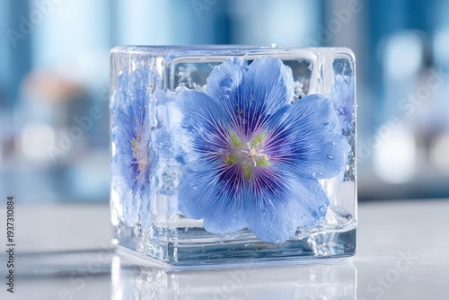 Captivating macro shot of a delicate blue flower frozen in a clear ice cube, showcasing intricate details and the beauty of nature's preservation, a floral still life.