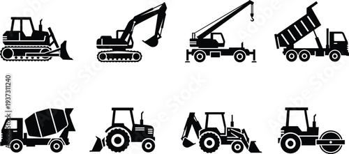 Bulldozer, Excavator, Crane, Dumptruck, Mixer, Tractor, Backhoe, Roller, Vehicle, Silhouette, Machinery, Industrial, Construction, Equipment, Icon, Graphic, Heavy, Transport, Design, Illustration