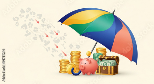 Illustrative concept of a colorful umbrella protecting treasures like piggy bank and chest from falling money rain