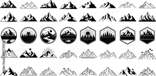 Mountain range icon collection, nature peak silhouette, outdoor adventure badge, hiking emblem, wilderness landscape design, forest exploration vector, travel graphic.