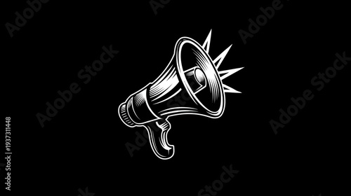 A white, detailed illustration of a megaphone, emitting radiating lines, against a black background