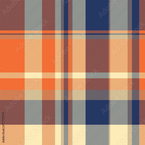 Naked textile tartan pattern, warm seamless fabric background. Tape vector texture check plaid in orange and blue colors.