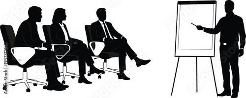 Business presentation silhouette, man presenting on flip chart, team meeting, corporate training, audience sitting, isolated vector illustration.