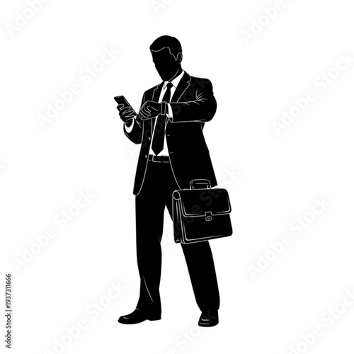 Businessman holding a briefcase and smartphone isolated on transparent background.