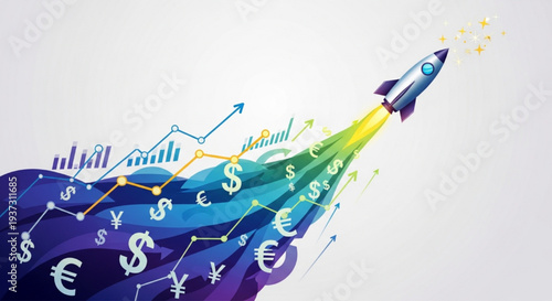 Motivational illustration of a rocket taking off with a vibrant graph and money icons representing business growth