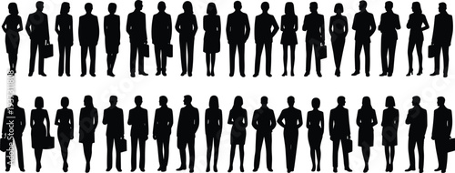 Business professional silhouette set, corporate attire, standing pose, briefcase icon, workplace diversity, black figure grid, career concept, illustration