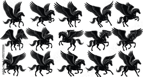 Mythical pegasus winged horse silhouette set collection cad drawing flat vector illustration for fantasy magic fairytale and ancient mythology design.