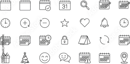 Calendar reminder line icons, schedule planning symbols, time management elements, minimal outline vector set, event notification interface collection modern