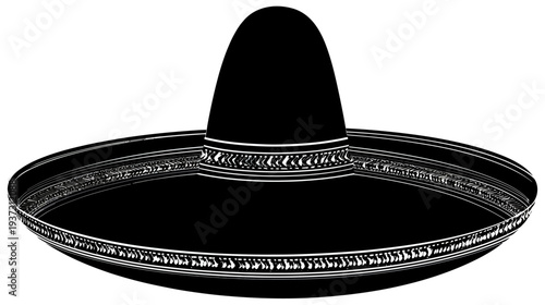 Artistic depiction of a classic headwear. It's black with white intricate decorative border details