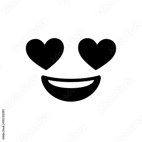 Black and white smiling face with heart eyes, symbolizing love, affection, joy. This iconic emoji-style graphic powerfully conveys deep adoration, romance, infatuation, passion, happiness, and heartfe
