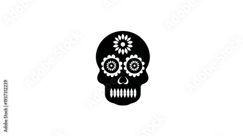 A black and white graphic of a sugar skull with decorative flower eye sockets and forehead flower