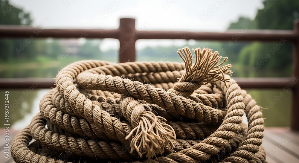 Fototapeta premium Thick natural fiber rope coiled on a wooden deck with blurred image photo