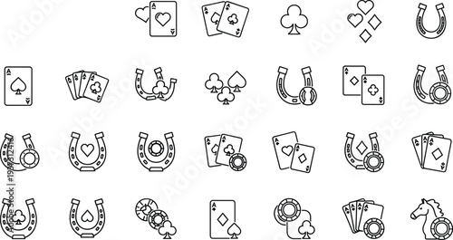 Casino gambling line icons set featuring playing cards chips horseshoe luck symbols poker game minimal vector collection modern design