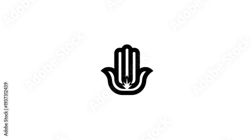 A simple, black and white symbol resembling a hand with fingers and an eye in the center