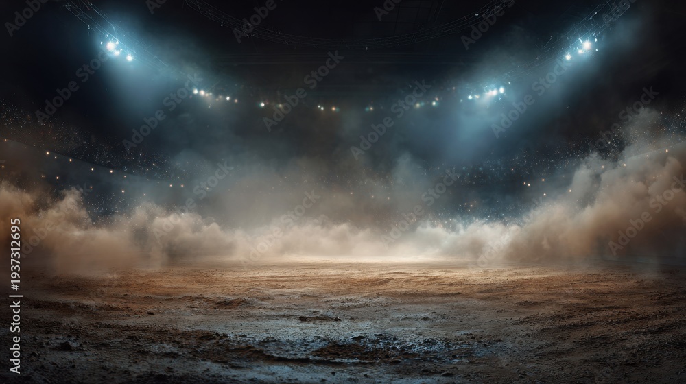 Obraz premium Dramatic empty arena stage with dusty ground and bright spotlights