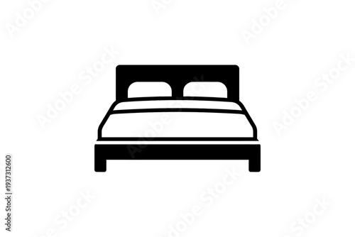 Premium quality black and white vector icon of a classic double bed with headboard and two soft pillows, perfect for illustrating hotel room amenities, comfortable lodging, restful sleep, and modern b
