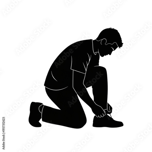 Man kneeling and tying his shoe isolated on transparent background.
