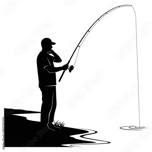 Man holding fishing rod outdoors isolated on transparent background.
