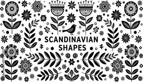 Scandinavian shapes set, folk art floral pattern, nordic bird and flowers, cad drawing flat vector illustration, ethnic ornament nature element.
