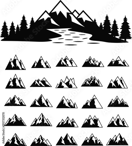 Mountain range landscape icons with river, pine forest, peak summits and wilderness nature scenery for outdoor adventure travel vector illustration,