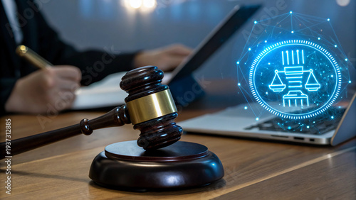 A wooden gavel rests on a desk alongside a laptop and a digital scales-of-justice icon, illustrating the integration of modern technology and artificial intelligence within the legal profession.