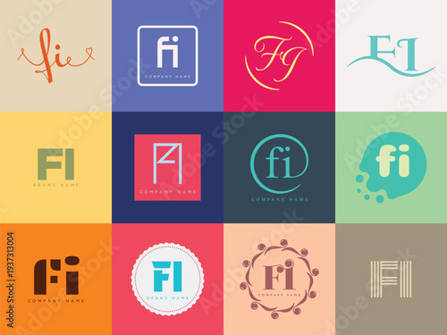 FI logo company template. Letter f and i logotype. Set different classic serif lettering and modern bold text with design elements. Initial font typography.
