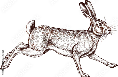 Vintage hand drawn engraving of a wild jumping hare lepus europaeus running on white background isolated woodcut style animal illustration
