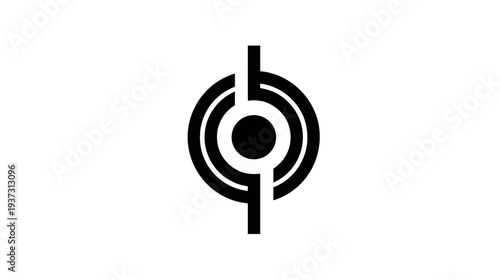 A minimalist, symmetrical design featuring concentric circles, a central dot, and vertical bars