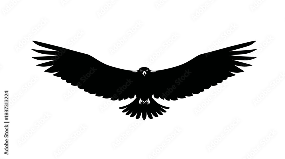 Obraz premium A black silhouette illustration of an eagle or hawk with spread wings on a white background