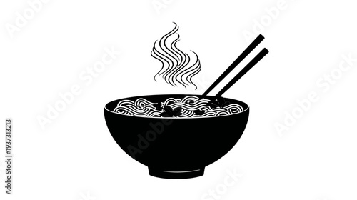 A black and white illustration of a bowl of noodles with chopsticks and steam rising