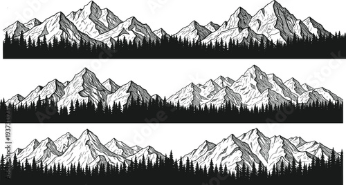 Mountain range landscape icons with pine forest, peak summits and wilderness nature scenery for outdoor adventure travel vector illustration,