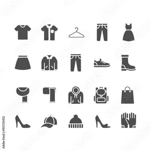 Collection of minimalist clothing and accessory icons in black silhouette