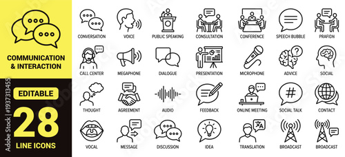Communication and interaction icon set with conversation, voice, dialogue, meetings, feedback, translation, broadcast, and essential communication ranking symbols in clean modern line‑art style