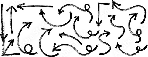 A complex network of arrows and abstract shapes in black on a white background with no clear direction or pattern