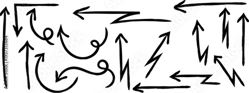 A collection of hand drawn arrows and abstract shapes in black on a white background with no clear pattern or direction