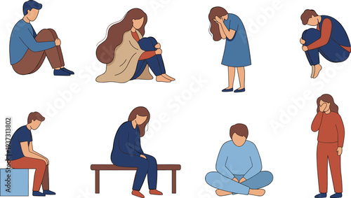 Set of depressed people in diverse poses, sad men and women feeling lonely, mental health, grief, and sorrow, flat vector illustration