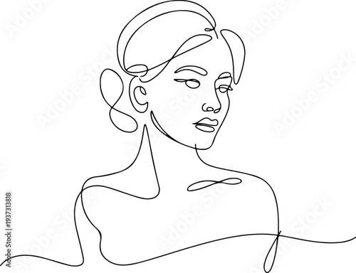 one line drawing of a womans face and shoulder