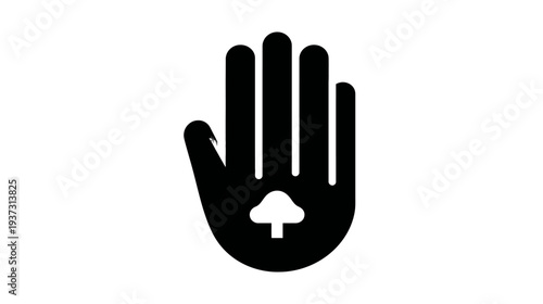 A black and white graphic depicting a hand symbol with a spade emblem in the palm's center