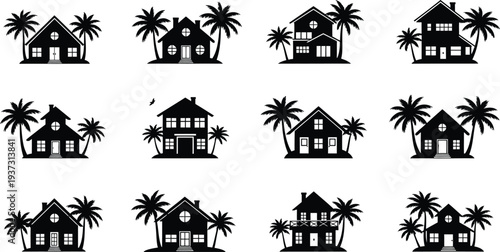 Tropical house silhouettes with palm trees
